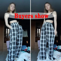 VAIGE Black and White Plaid Loose Straight Wide Leg Trousers - Casual Summer Pants with Drawstring Closure, Available in S/M/L/XL/XXL/XXXL/4XL, Made from Polyester