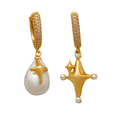 VAIGE Elegant Asymmetrical Pearl & Gold Drop Earrings in White and Gold