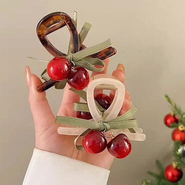 VAIGE 8cm Plastic Cherry Bow Hair Claw Clips - Cute Mini Hair Accessories in Coffee and Beige