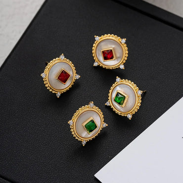 VAIGE Elegant Emerald Green Shell and Gold Zirconia Round Stud Earrings