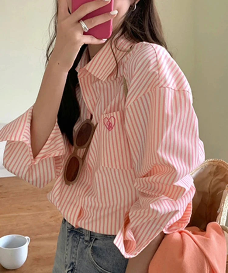 VAIGE Pink Striped Embroidery Casual Shirt with Drop Sleeves and, Cotton-Polyester Blend, Regular Fit for Office Wear