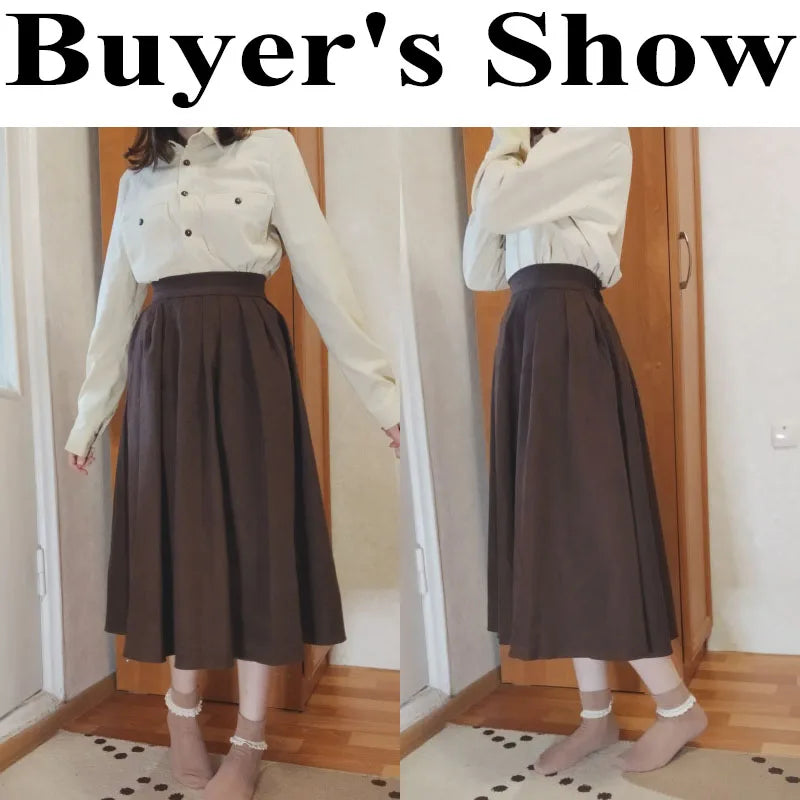 VAIGE Vintage Brown High Waist Pleated A-Line Midi Skirt for Autumn Casual Wear, Available in Multiple Colors and Sizes S/M/L, Made from Cotton and Polyester