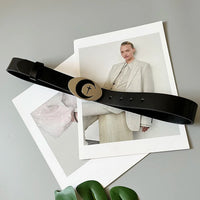 VAIGE Elegant Crescent Moon & Star Leather Belt in Black