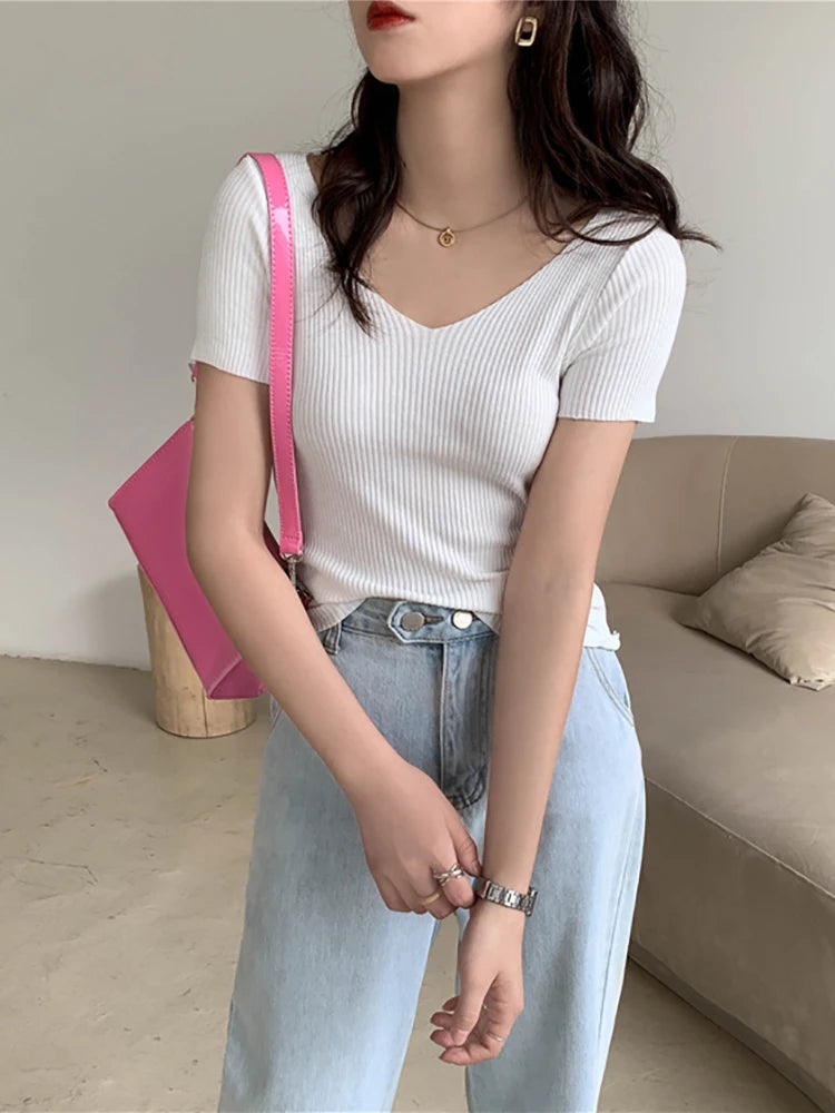 VAIGE Basic V-neck Solid Thin Summer Pullover Knitted Ribbed Sweater Bodycon Short Sleeve Slim Fit