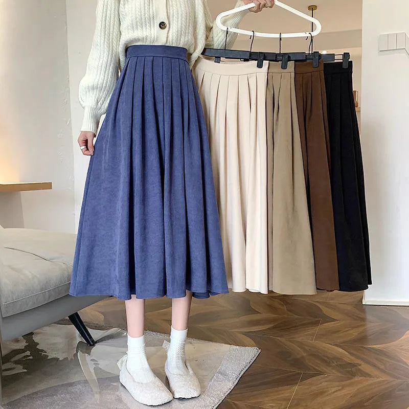 VAIGE Vintage Brown High Waist Pleated A-Line Midi Skirt for Autumn Casual Wear, Available in Multiple Colors and Sizes S/M/L, Made from Cotton and Polyester