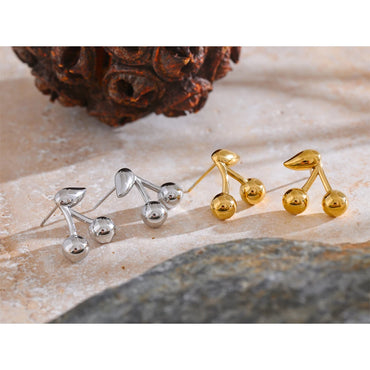 VAIGE Chic Cherry Golden 316L Stainless Steel Stud Earrings - Water Resistant 18K PVD Plated Fashion Jewelry