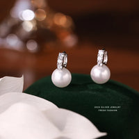 VAIGE 925 Sterling Silver Inlay Zircon Shell Pearl Earrings Elegant Jewelry