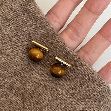 VAIGE Minimalist Round Tiger Eye Stone Stud Earrings with Copper Alloy Backing - Chic Fashion Accessory