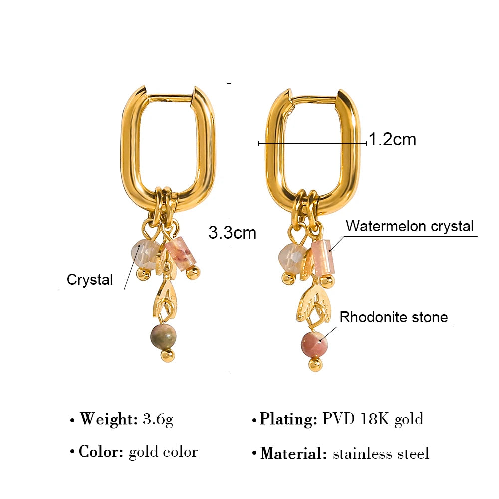 VAIGE Trendy 18K Gold Plated Stainless Steel Hoop Earrings with Cute Pink Crystal Natural Stone Charms - 33mm Length, Perfect for Any Occasion