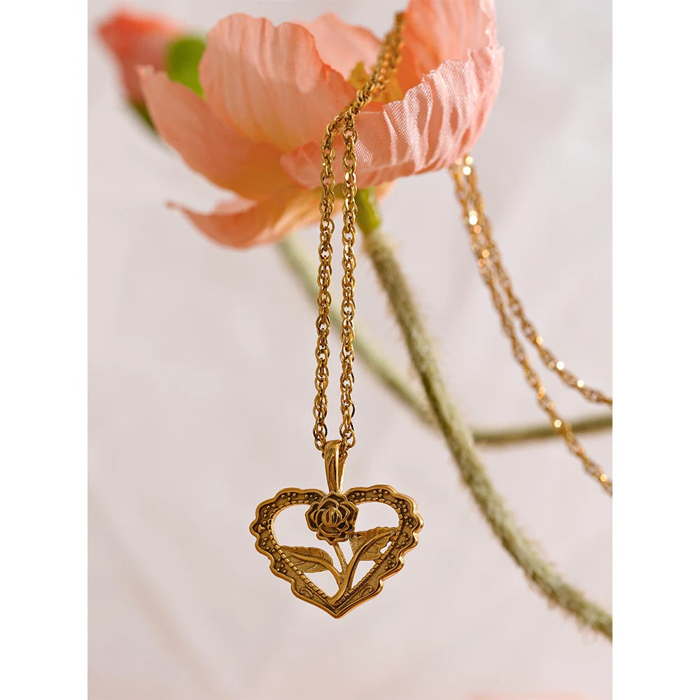 Flower in Heart Stainless Steel Necklace