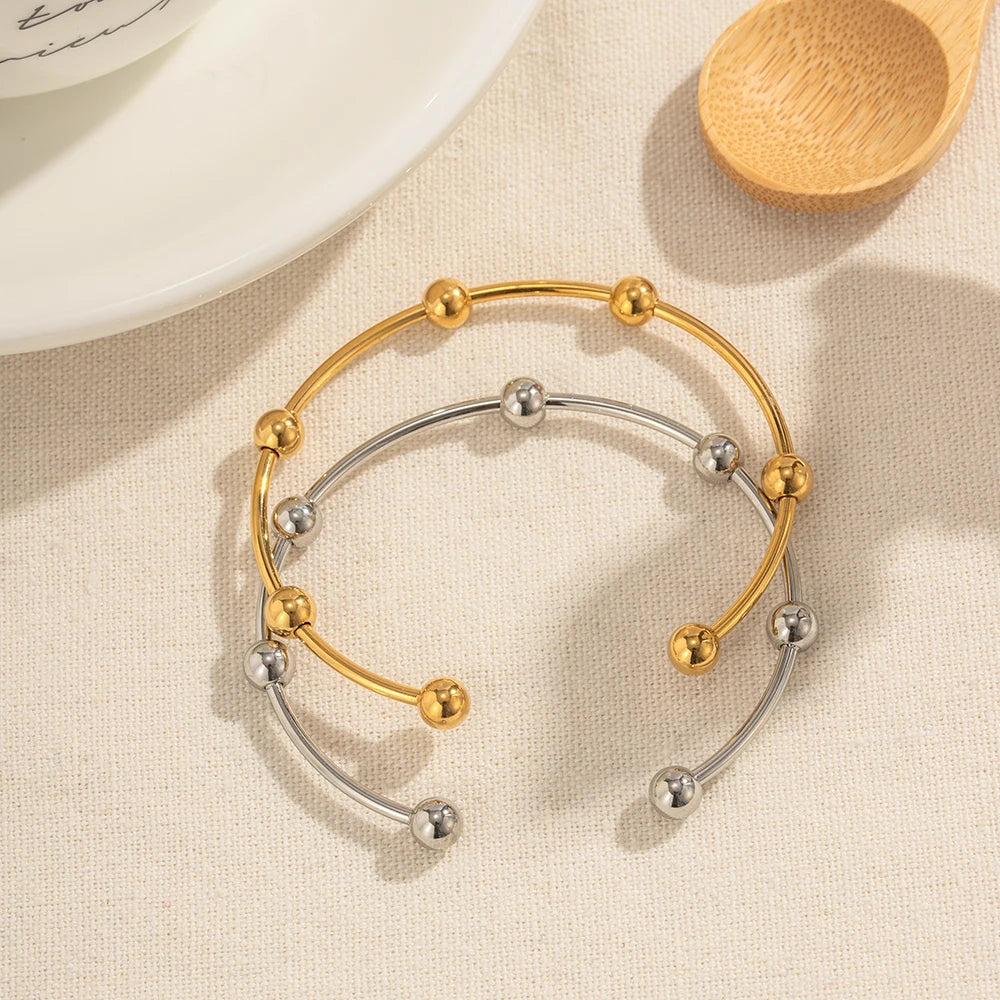 VAIGE Elegant Waterproof Stainless Steel Cuff Bracelet in Golden Silver with Charming Bead Design