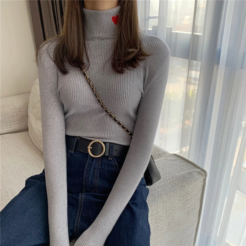 VAIGE Heart Embroidery Turtleneck Knitted Sweater - Ribbed Pullover for Autumn and Winter