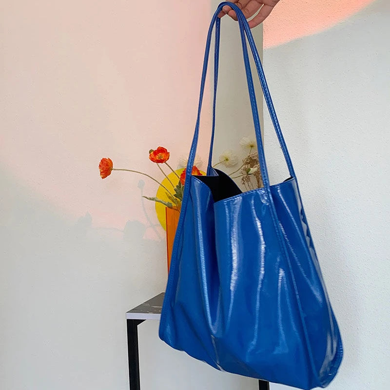 VAIGE Blue Patent Leather Large Capacity Shoulder Tote Bag with Two Handles, Casual Design Handbag