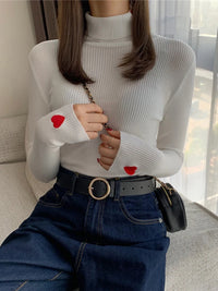 VAIGE Heart Embroidery Turtleneck Knitted Sweater - Ribbed Pullover for Autumn and Winter