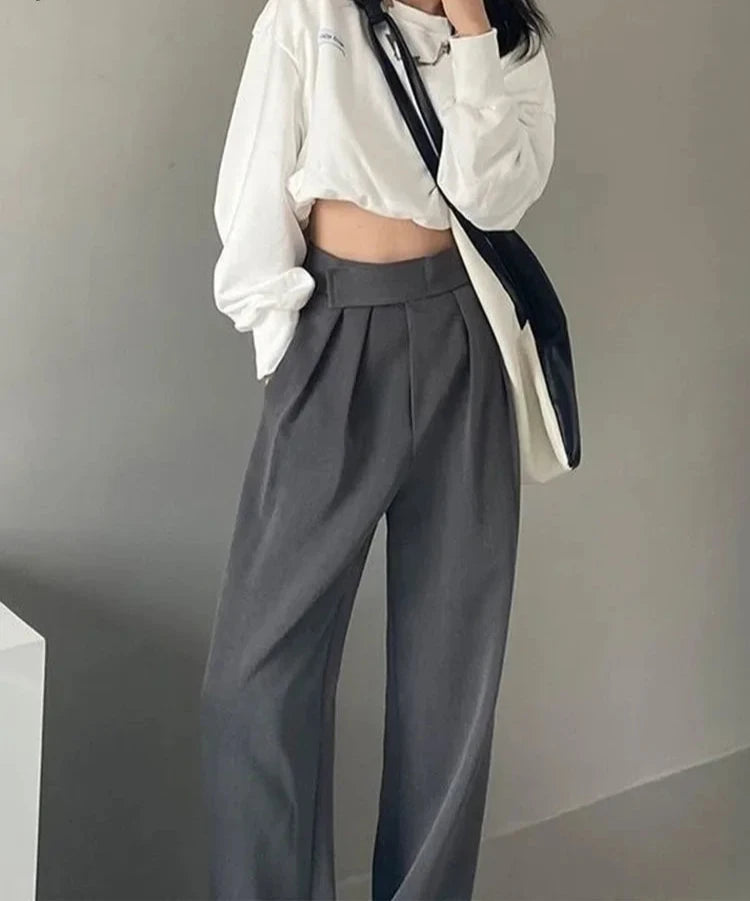 VAIGE Brown Wide Leg Classic Suit Pants Vintage Palazzo Office Elegant Casual High Waist Ankle-Length Trousers with Pockets, Made of Broadcloth Polyester