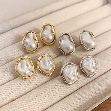 VAIGE Artistic Geometric Metal Baroque Pearl Stud Earrings in Classic White and Silver