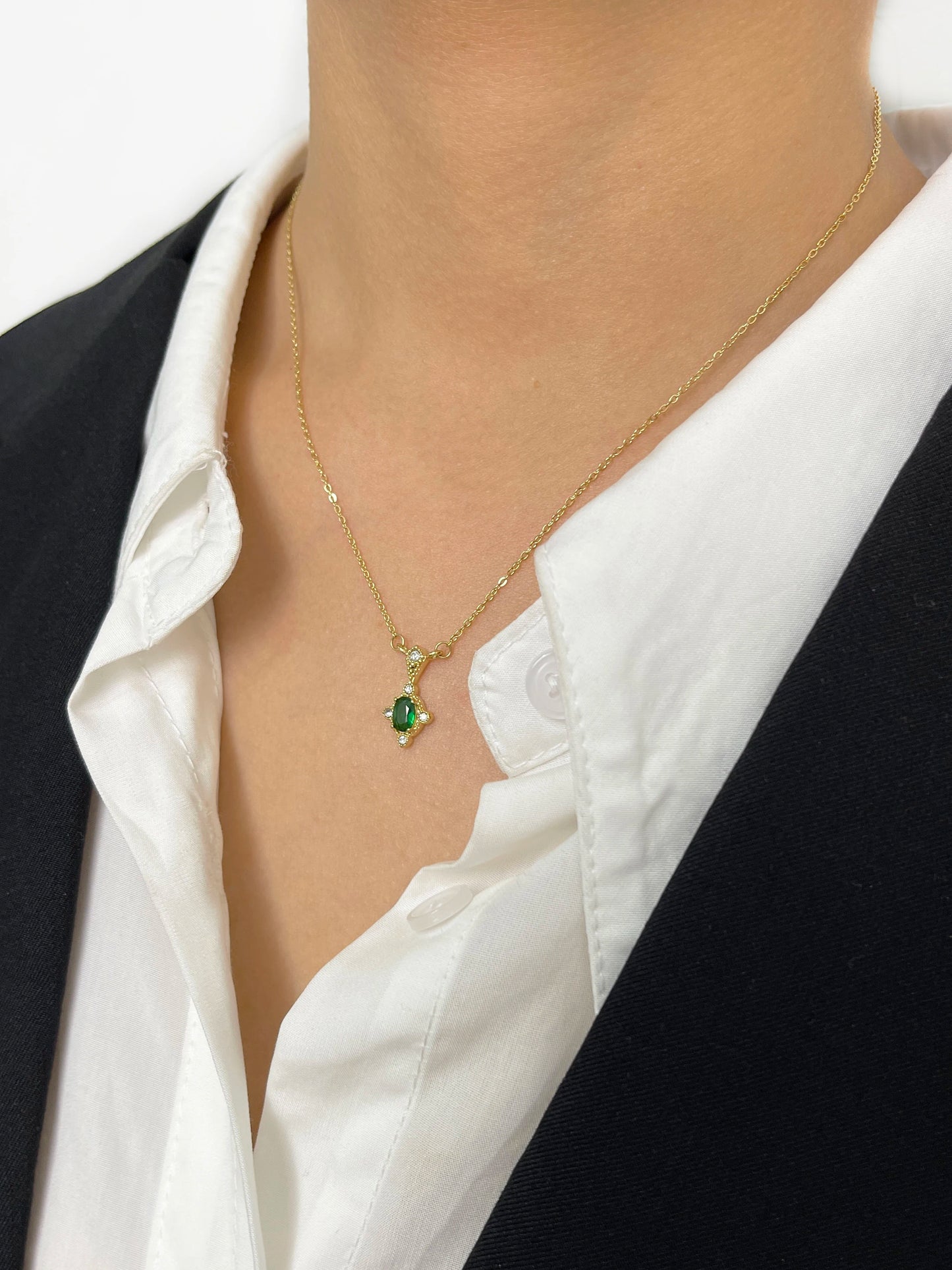 VAIGE Dainty Diamond Oval Zircon Charm Black White Pink Green Necklace Stainless Steel Gold