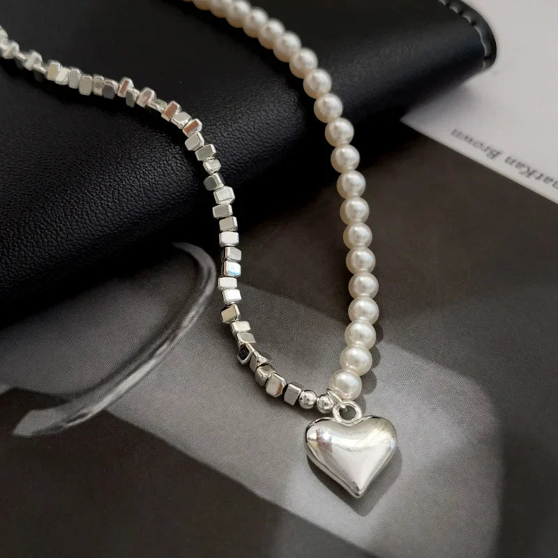 VAIGE Elegant Silver Asymmetrical Pearl Heart Necklace