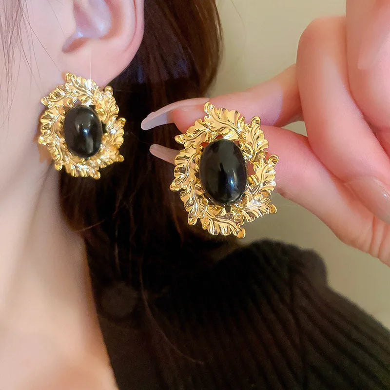 VAIGE Elegant Black Geometric Leaf Flower Stud Earrings