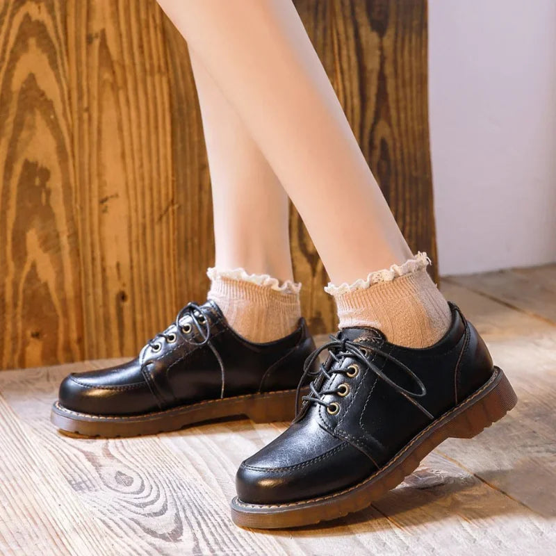 VAIGE Retro Brown Leather Oxfords for Women - Comfortable Round Toe Footwear with Lace-Up Closure and Low Square Heel