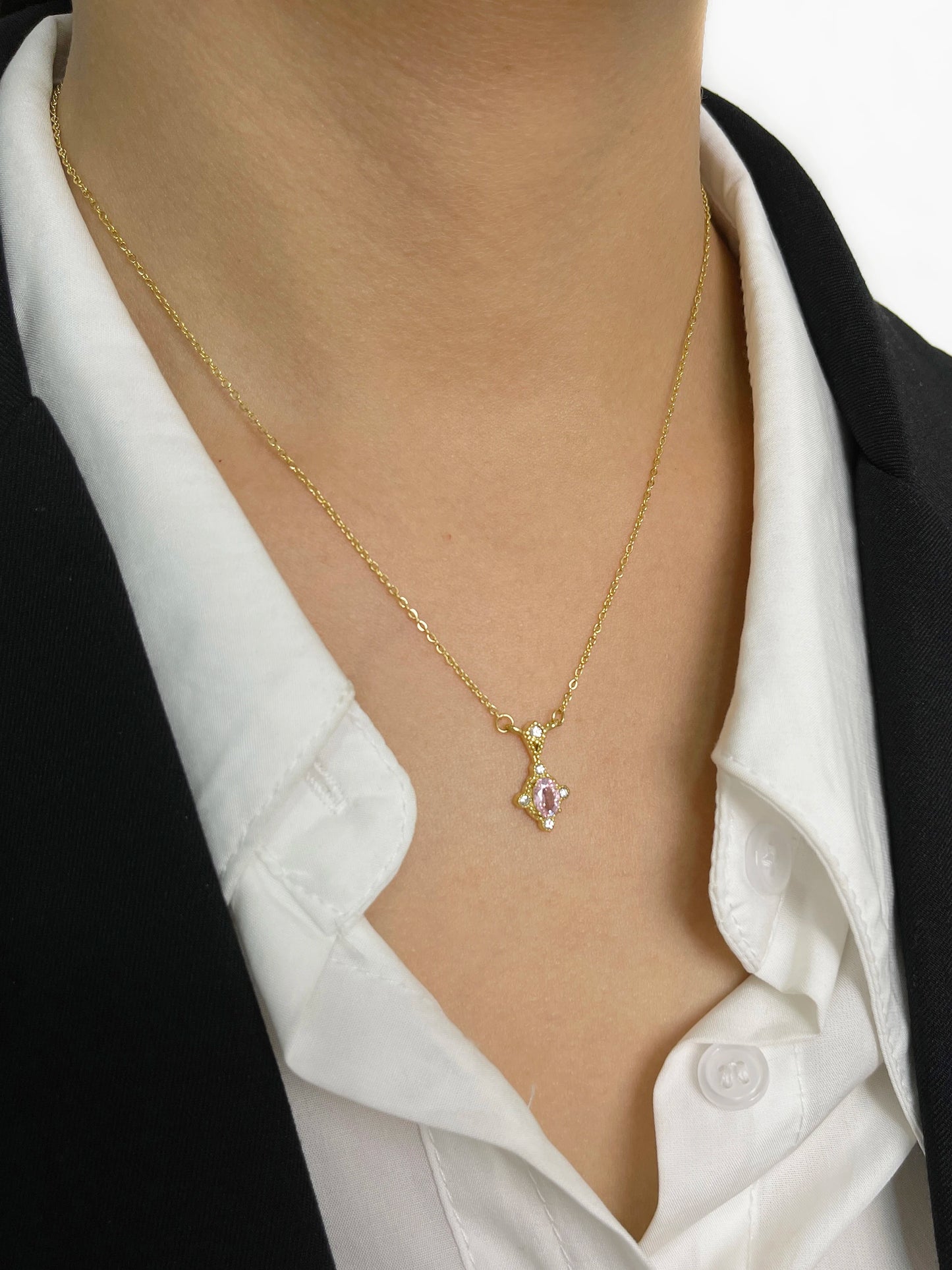 VAIGE Dainty Diamond Oval Zircon Charm Black White Pink Green Necklace Stainless Steel Gold