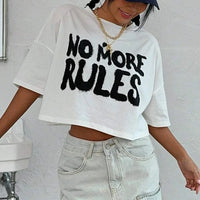 VAIGE 100% Cotton Crop T-Shirt with Letter Prints - O-Neck Short Sleeve Summer "No More Rules" Tee