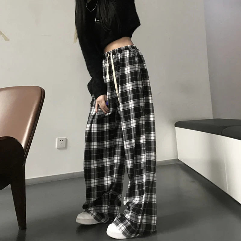 VAIGE Black and White Plaid Loose Straight Wide Leg Trousers - Casual Summer Pants with Drawstring Closure, Available in S/M/L/XL/XXL/XXXL/4XL, Made from Polyester