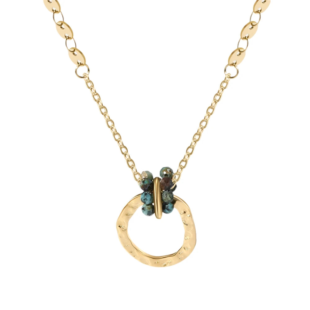 VAIGE Stainless Steel Link Chain Necklace with African Turquoise Natural Stone Pendant, 18K Gold PVD Plating, Perfect for Parties and Everyday Wear