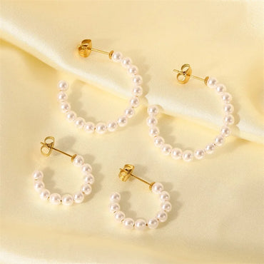 VAIGE Classic Stainless Steel Pearl C-Shaped Hoop Earrings - Waterproof Fashion Jewelry Gift