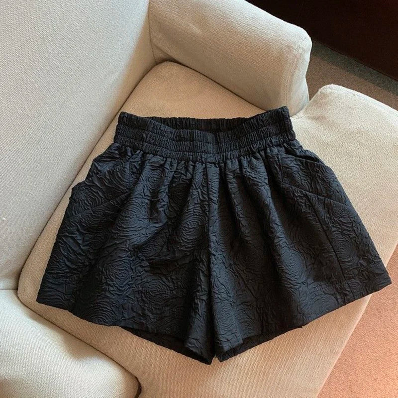 VAIGE Black White Jacquard Elastic High Waist Shorts with Pockets - Wide Leg Casual Sports Half Pants in Sizes S-XXL