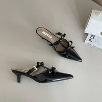 VAIGE Casual Slip-On Mules with Pointed Toe, Bow Design, Patent Leather Upper, Low Thin Heels, Available in Black, White, Pink, Sizes 35-39