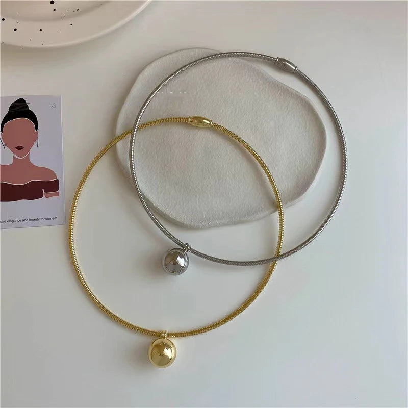 VAIGE Exaggerated Round Ball Pendant Stainless Steel Choker Torque Necklace - Classic Korean Fashion Jewelry