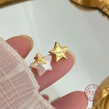 VAIGE Creative Asymmetric Shell Star Stud Earrings in 925 Sterling Silver with Pearl and Light Luxury Bow Design