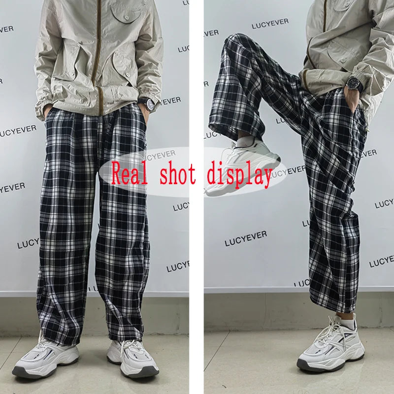 VAIGE Black and White Plaid Loose Straight Wide Leg Trousers - Casual Summer Pants with Drawstring Closure, Available in S/M/L/XL/XXL/XXXL/4XL, Made from Polyester