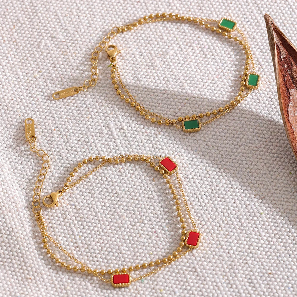 VAIGE Double Chain Green and Red Square Acrylic and Stainless Steel Charm Bracelet with Gold Color Finish