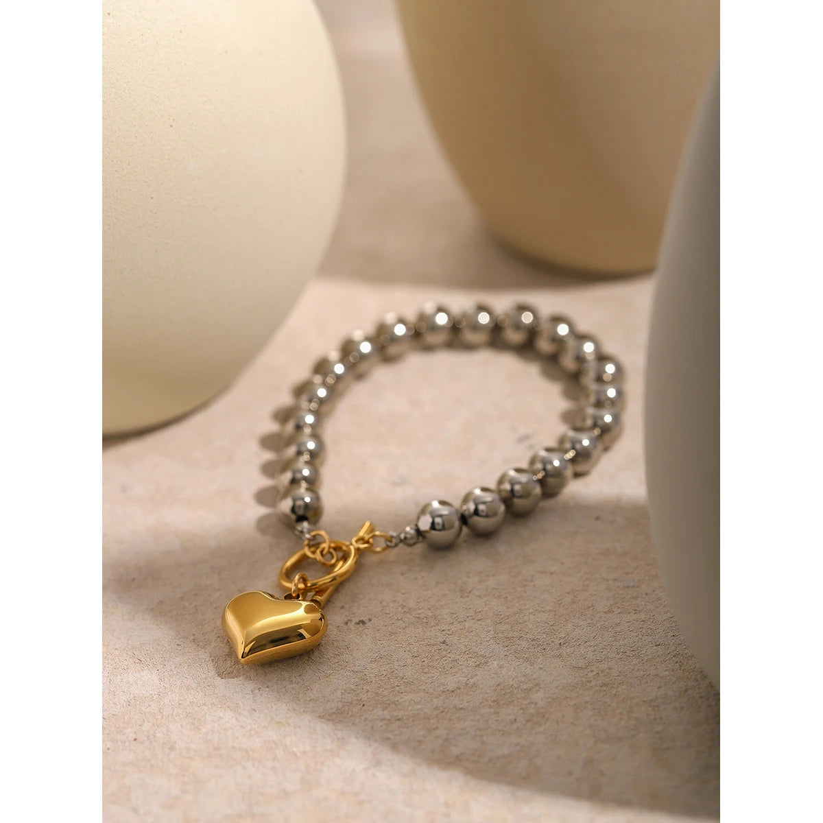 VAIGE Trendy Gold Heart Waterproof Silver Beads Bracelet - Stainless Steel Charm Jewelry for Special Occasions