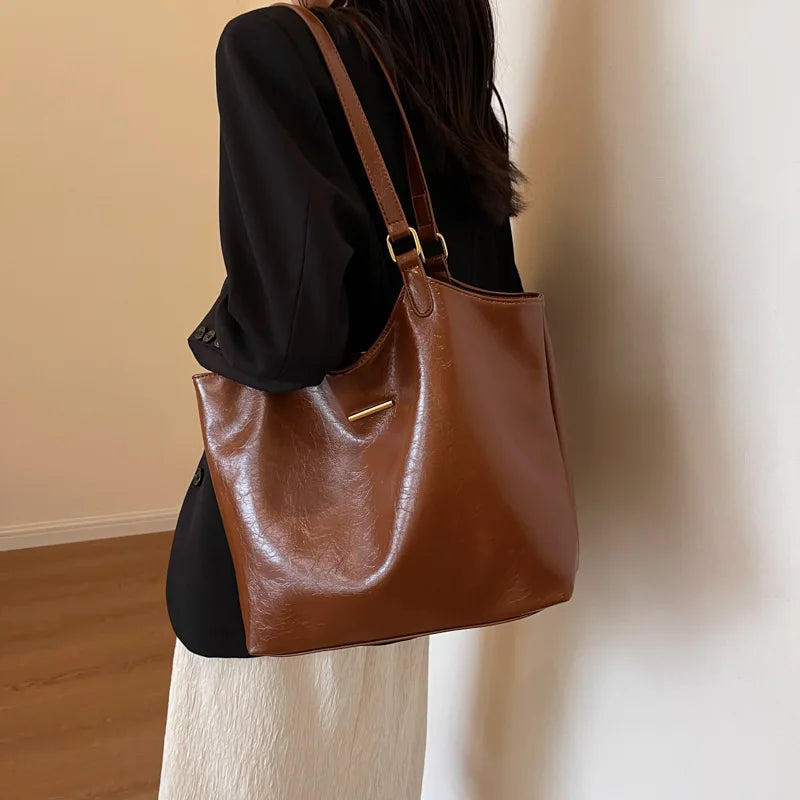 VAIGE Large Capacity Vintage Solid Color Leather Tote Bag with Zipper Closure and Cell Phone Pocket