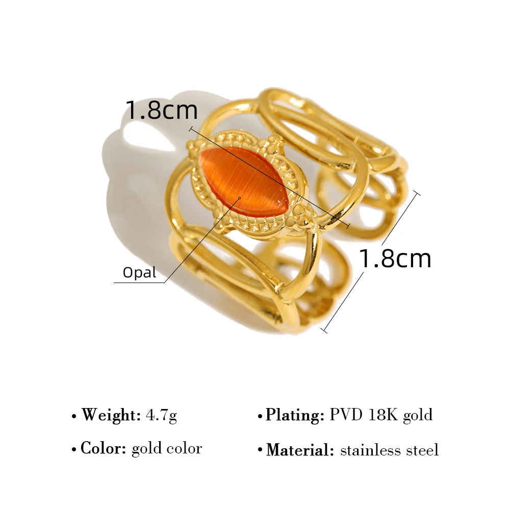 VAIGE Luxury 18K Gold Plated Opal Stainless Steel Vintage Ring - Waterproof Geometric Wedding Band