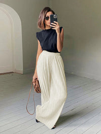 VAIGE Beige Pleated Wide Leg Pants - Casual Loose Trousers with Elastic Waist for Office and Everyday Wear