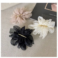 VAIGE. Large Metal Chiffon Flower Hair Claw Clips - Stylish Ponytail Holder Hairpins in Black, Beige, and Light Brown