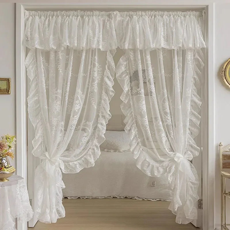 VAIGE Elegant White Embroidered Ruffle Tulle Curtains with Valance for Bedroom and Living Room - Sheer Drapes, Floral Pattern, Translucent Fabric