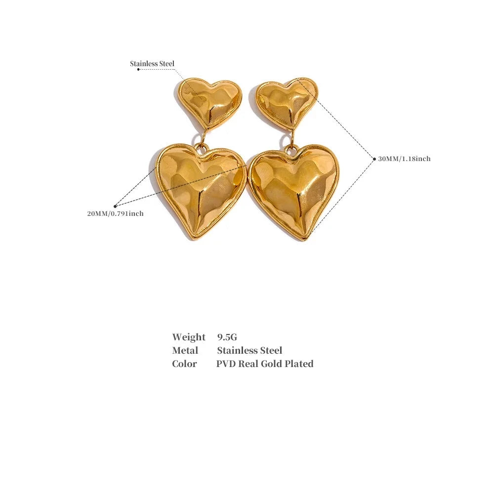 Gold + Silver Double Heart Dangle Stainless Steel Earrings