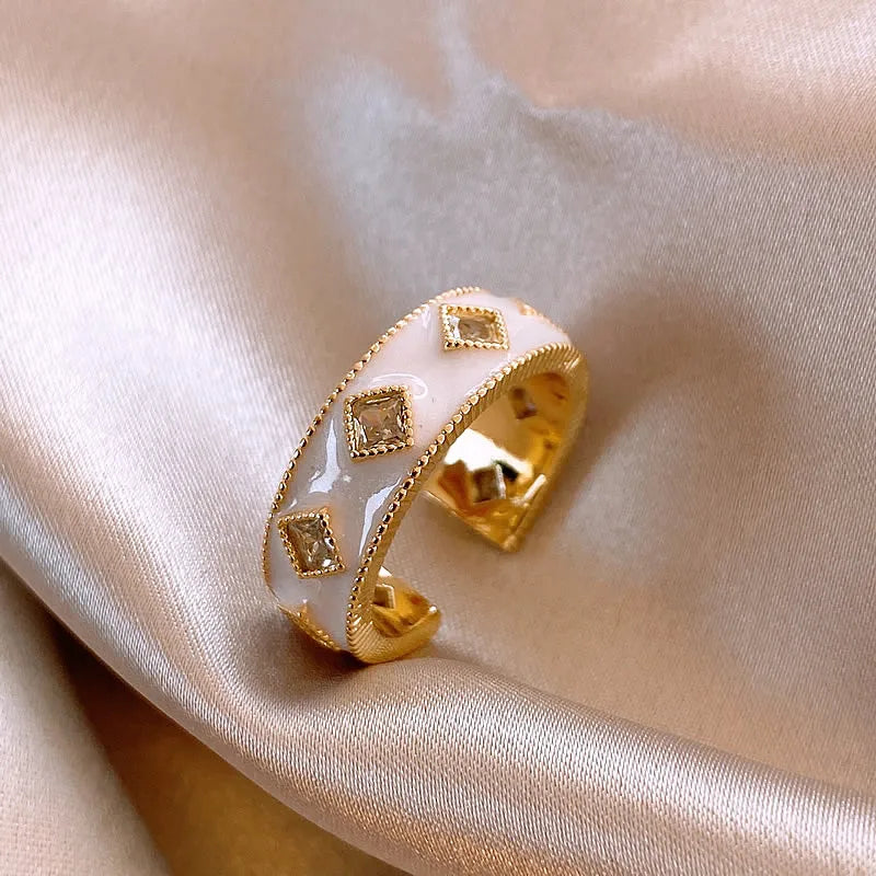 VAIGE Chic Gold Adjustable Ring with White Enamel & Sparkling Zircon