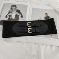 VAIGE Vintage-Inspired Wide Black Corset Belt with Double Metal Accents