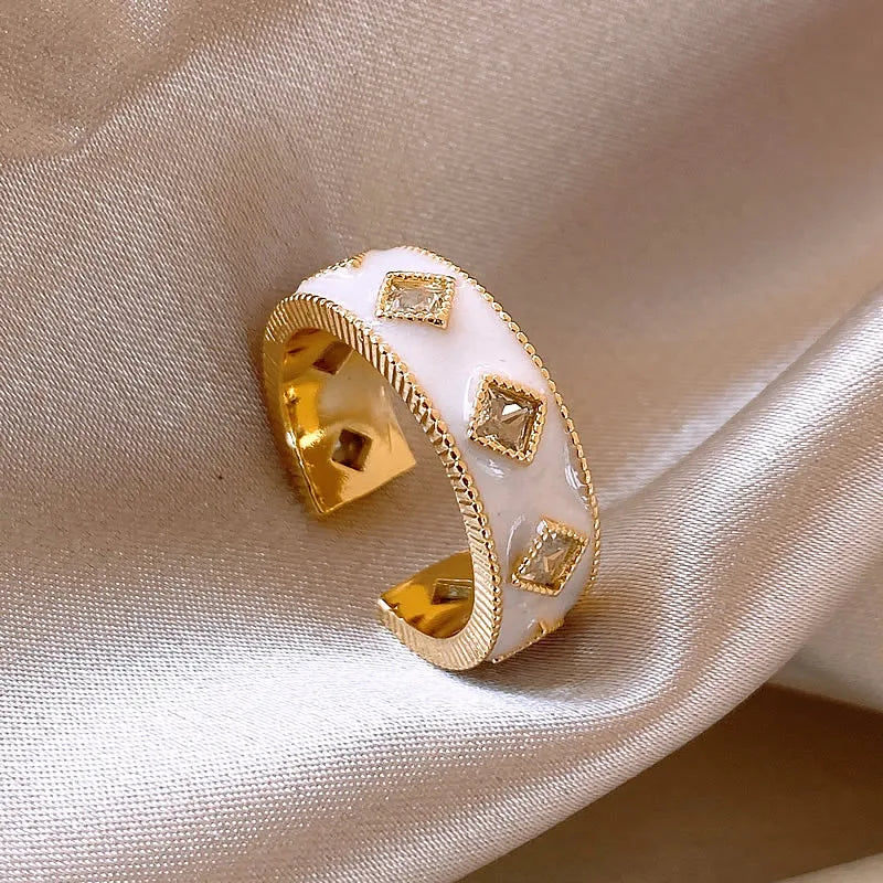 VAIGE Chic Gold Adjustable Ring with White Enamel & Sparkling Zircon