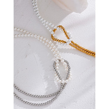 VAIGE Waterproof Handmade Chain Knot Necklace with Imitation Pearls and Stainless Steel Beads