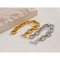 VAIGE 316L Stainless Steel Textured Oval Chain Bracelet with 18K PVD Gold Plating and Toggle Clasp - Trendy Statement Jewelry