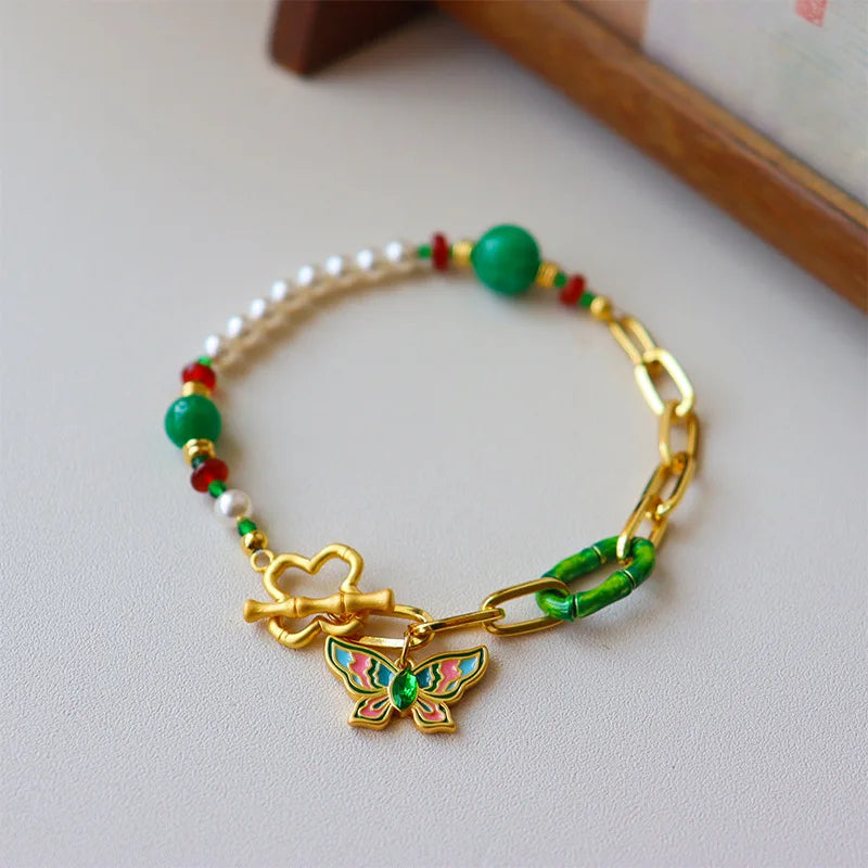 VAIGE Elegant Metal Butterfly Bracelet with Pearl Green Beads and Gold Box Chain