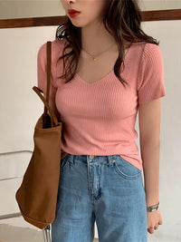 VAIGE Basic V-neck Solid Thin Summer Pullover Knitted Ribbed Sweater Bodycon Short Sleeve Slim Fit