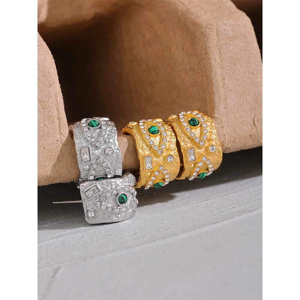 VAIGE Elegant Gold and Silver Green Eye Open Hoop Earrings with Zirconia